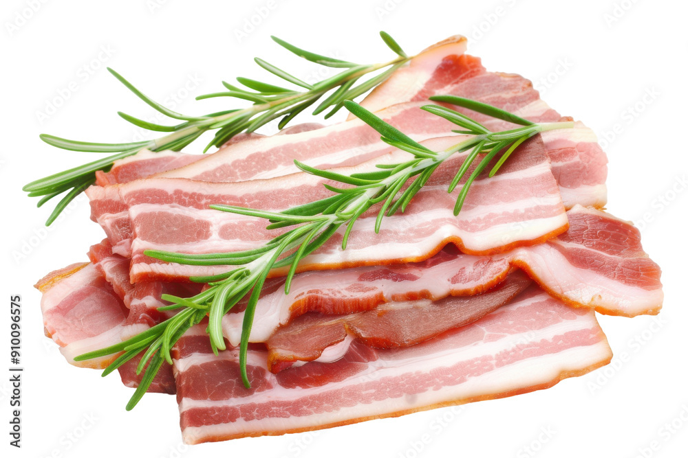 Bacon slices with rosemary on white background. Bacon slices with rosemary on white background.