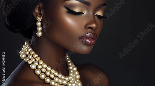 A beautiful black woman with flawless makeup, wearing a pearl necklace and earrings, gazing down with her eyes closed. The image conveys elegance, sophistication, and beauty. photo