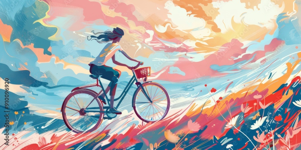 Fototapeta premium Colorful watercolor painting of a cyclist racing through vibrant splashes. Dynamic brush strokes capture