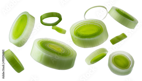 Fresh green leek rings isolated on a white background. Sliced vegetable ready for cooking