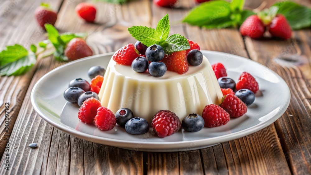 Creamy white panna cotta desserts, garnished with mixed berries and fresh mint leaves, sit atop a crisp white plate on a rustic wood background. Creamy white panna cotta desserts, garnished with mixed berries and fresh mint leaves, sit atop a crisp white plate on a rustic wood background.