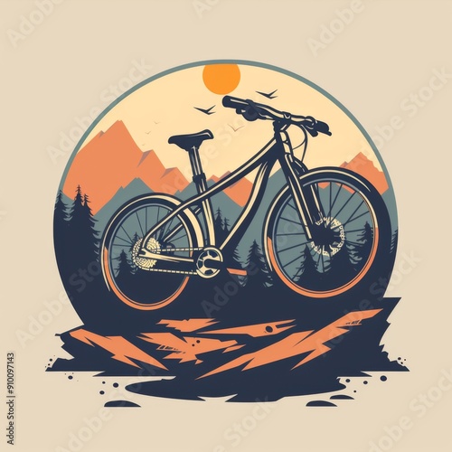 illustration of bicycle with mountain background, logo illustration for community or t-shirt design photo