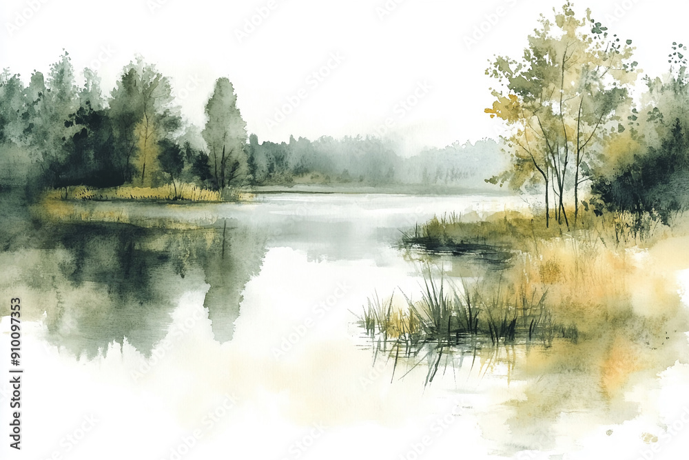 Fototapeta premium Watercolor landscape featuring a tranquil lake Water color on white background