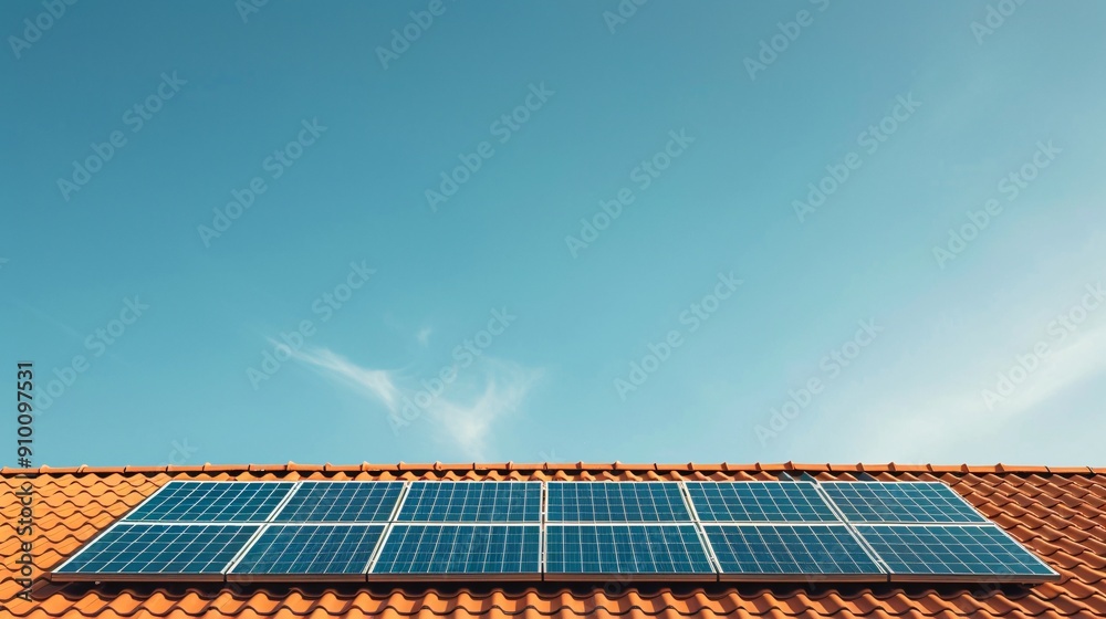 Solar panels on a red roof with clear blue sky