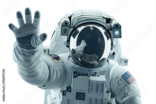 Astronaut in white spacesuit raising hand, isolated on white background. PNG without background photo