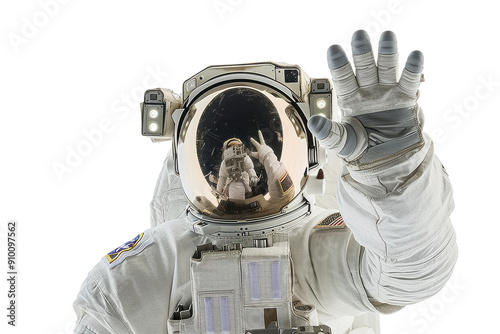 Astronaut in white spacesuit raising hand, isolated on white background. PNG without background photo