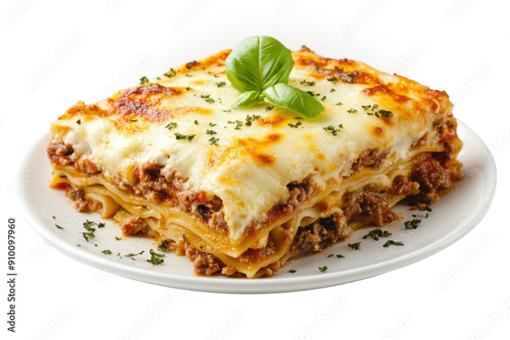 Lasagna with meat and cheese layers topped with fresh basil. PNG image Lasagna with meat and cheese layers topped with fresh basil. PNG image