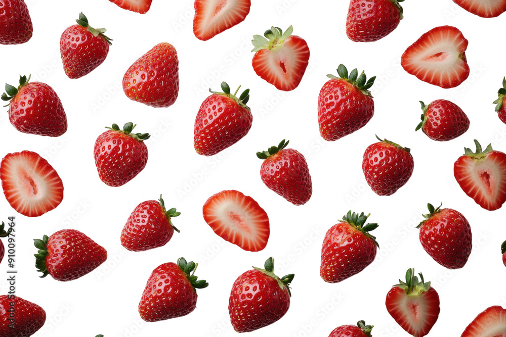 Pattern of fresh strawberries and slices scattered on white. PNG image Pattern of fresh strawberries and slices scattered on white. PNG image