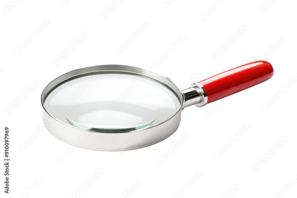Classic magnifying glass with silver frame and red handle. PNG image Classic magnifying glass with silver frame and red handle. PNG image