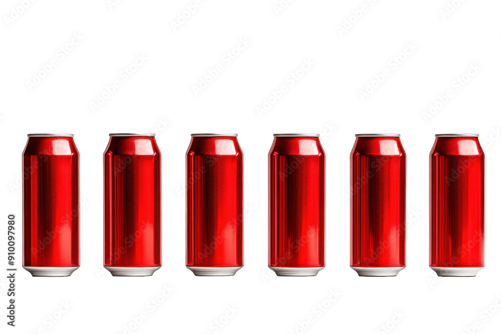 Set of red beverage cans in various heights isolated on white. PNG image Set of red beverage cans in various heights isolated on white. PNG image