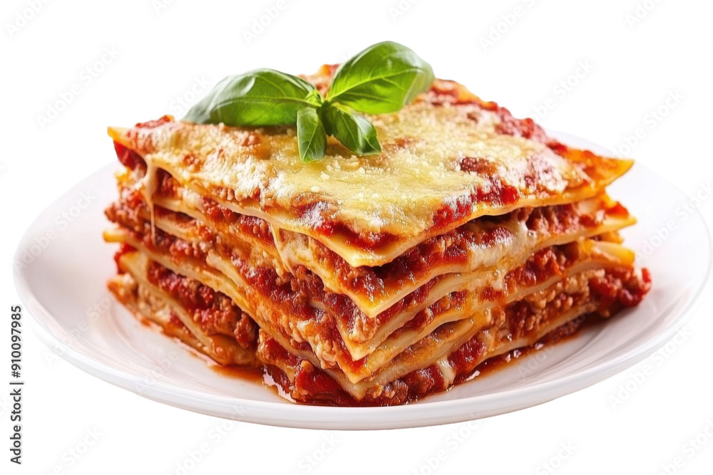 Lasagna with meat and cheese layers topped with fresh basil. PNG image Lasagna with meat and cheese layers topped with fresh basil. PNG image