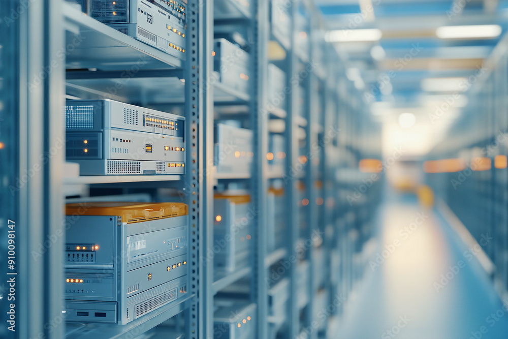 Photo of many server racks in a server room. Modern server room with rows of network servers and data storage units, highlighting advanced technology and data management. Technology background Photo of many server racks in a server room. Modern server room with rows of network servers and data storage units, highlighting advanced technology and data management. Technology background