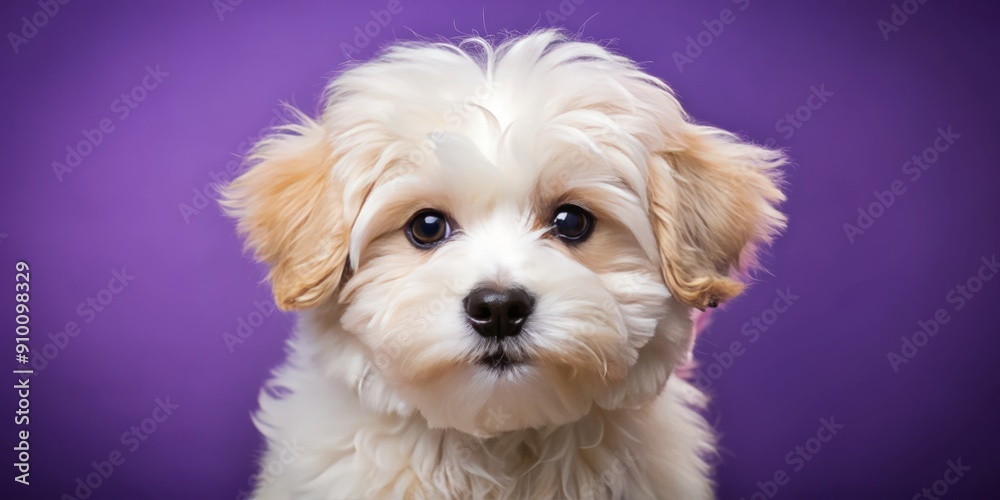 Adorable Maltipoo puppy with fluffy white fur and big brown eyes sits on a vibrant violet background, showcasing its lovable and playful personality. Adorable Maltipoo puppy with fluffy white fur and big brown eyes sits on a vibrant violet background, showcasing its lovable and playful personality.