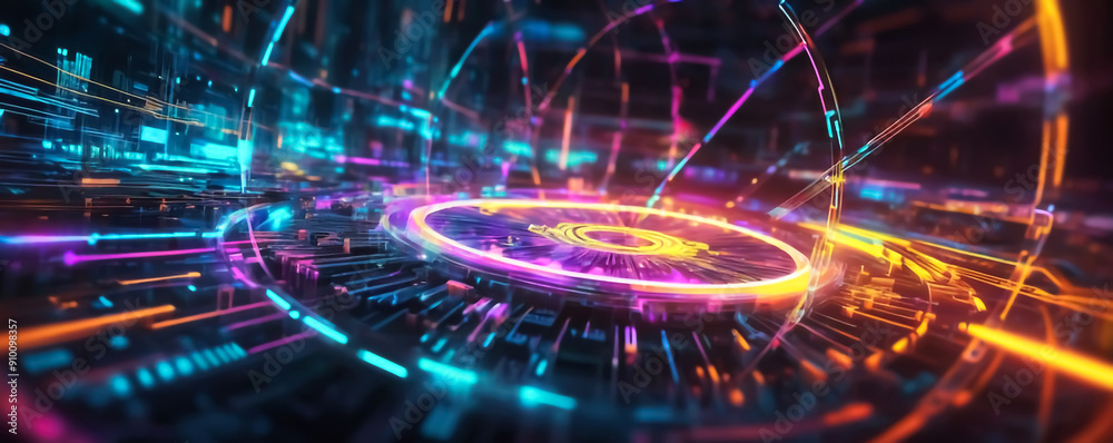 Obraz premium Futuristic Neon Glow: Technology’s Abstract Data Network and Cybernetic Connectivity