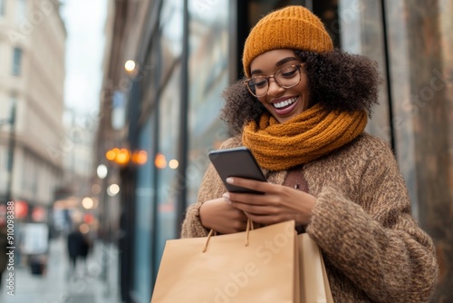 Woman happily shopping and chatting on smartphone while walking along a city street. Generated AI