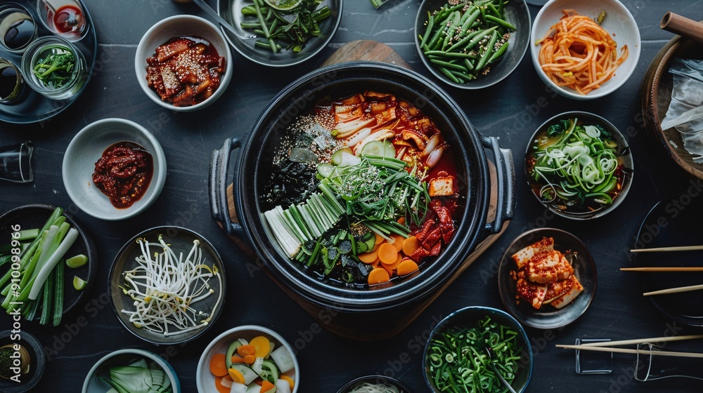 Traditional Korean Food Hot Pot and Assorted Side Dishes Traditional Korean Food Hot Pot and Assorted Side Dishes