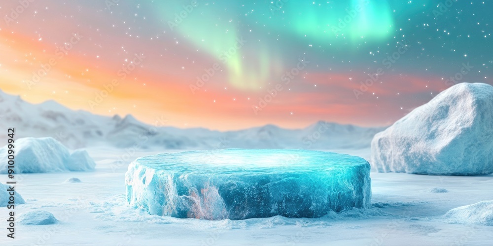 A Frozen Platform in a Snowy Landscape with an Aurora Borealis A Frozen Platform in a Snowy Landscape with an Aurora Borealis