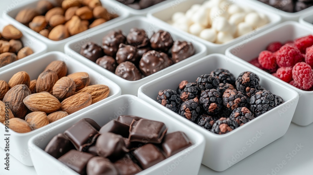 Overhead close-up of white containers containing various sized dark chocolate-covered fruits and nuts on a white background. Inside, enticing energy-boosting treats Overhead close-up of white containers containing various sized dark chocolate-covered fruits and nuts on a white background. Inside, enticing energy-boosting treats