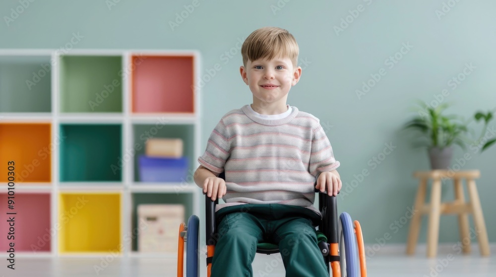 Young child seated in a wheelchair participating in an occupational therapy session Young child seated in a wheelchair participating in an occupational therapy session