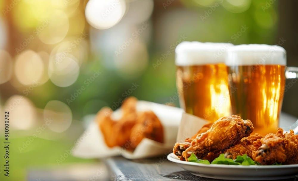 Delicious Fried Chicken And Chilled Beer Served Outdoors In Bright Afternoon Light