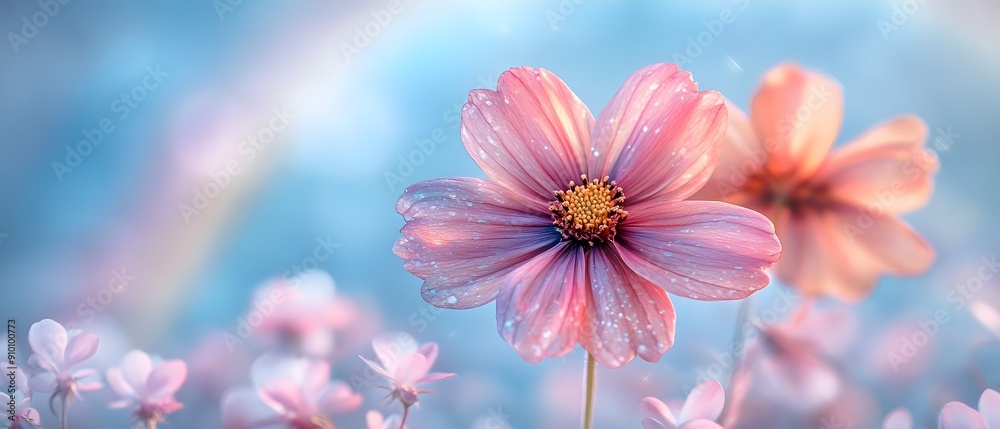Pink Cosmos Flower with Dew Drops in Soft Light. Pink Cosmos Flower with Dew Drops in Soft Light.
