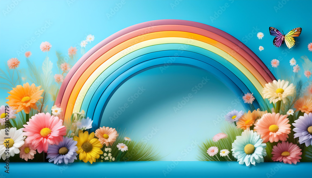 Spring rainbows on a soft blue background. Generous copy space. Banner design ideal Spring rainbows on a soft blue background. Generous copy space. Banner design ideal