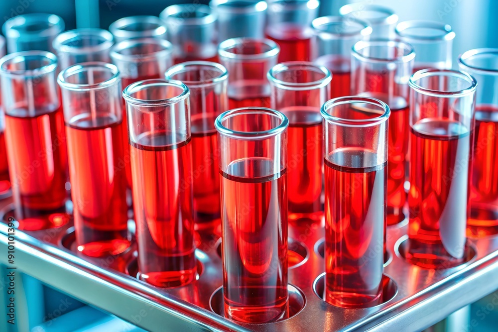 Numerous test tubes filled with a vivid red liquid are neatly organized in a laboratory tray, ready for scientific experiments or analysis Numerous test tubes filled with a vivid red liquid are neatly organized in a laboratory tray, ready for scientific experiments or analysis