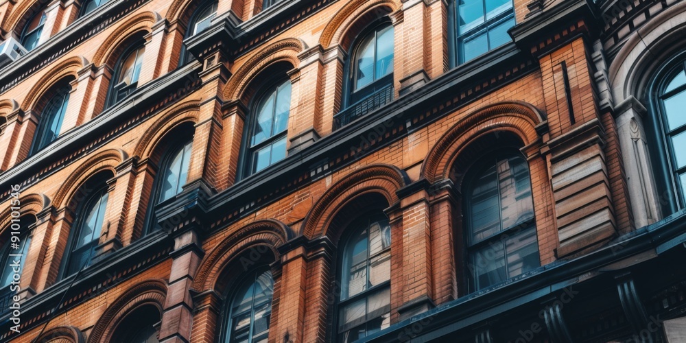 A tall brick building featuring many large windows, creating a striking ...