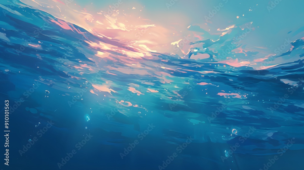 Obraz premium Cartoon style Photo underwater, the rays of the sun penetrate the water, the water shines, soft pink shades and blue III