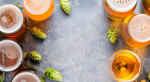 Variety of Craft Beers With Hops on Table Background photo