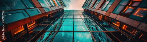 A striking perspective of modern architecture  showcasing glass facades and vibrant colors under a dramatic sky.