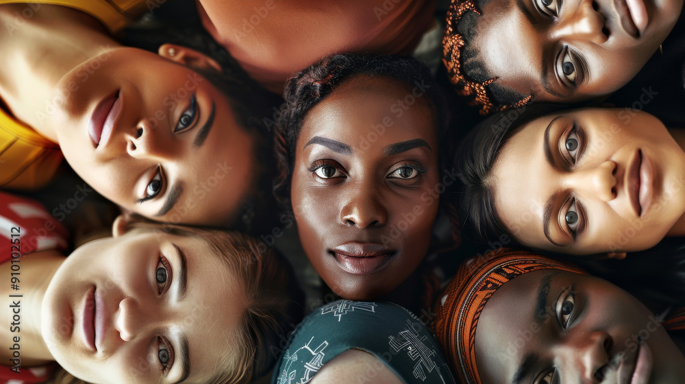 A group of eight individuals lying head-to-head in a circle, the close-up shot emphasizing their diverse features, unity, and shared connection on a bright background. A group of eight individuals lying head-to-head in a circle, the close-up shot emphasizing their diverse features, unity, and shared connection on a bright background.