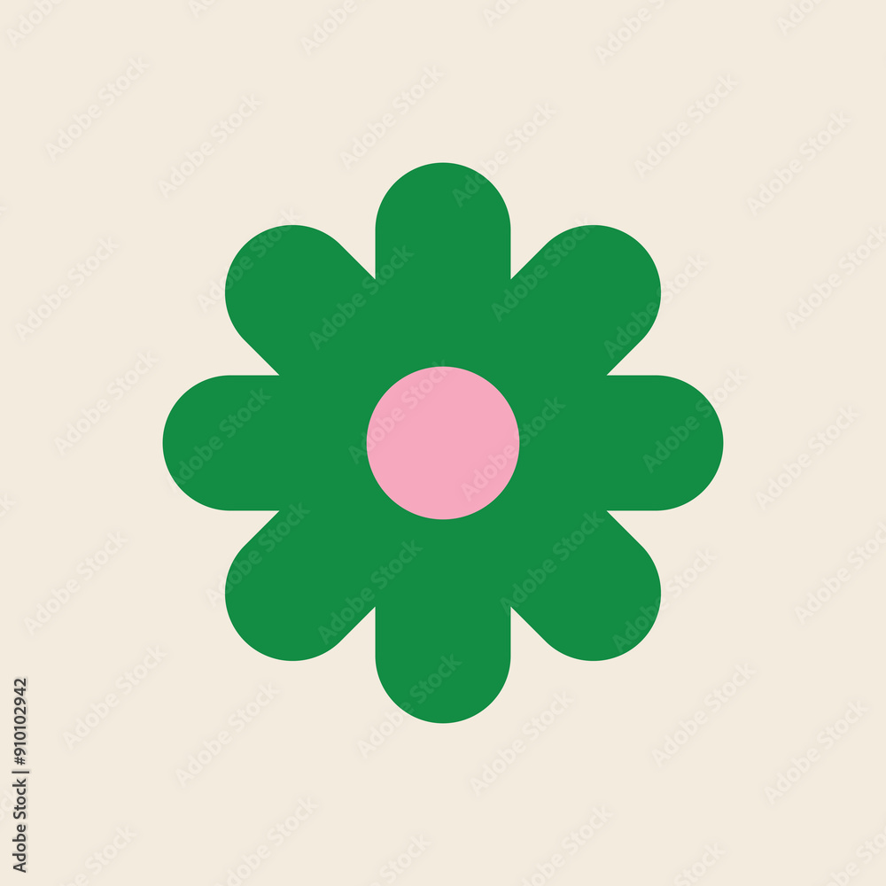 Retro flower vector icon with green petals and a pink center on a beige background. The design features a simple and stylized flower shape, capturing the vibrant and whimsical aesthetic of the 70s Retro flower vector icon with green petals and a pink center on a beige background. The design features a simple and stylized flower shape, capturing the vibrant and whimsical aesthetic of the 70s