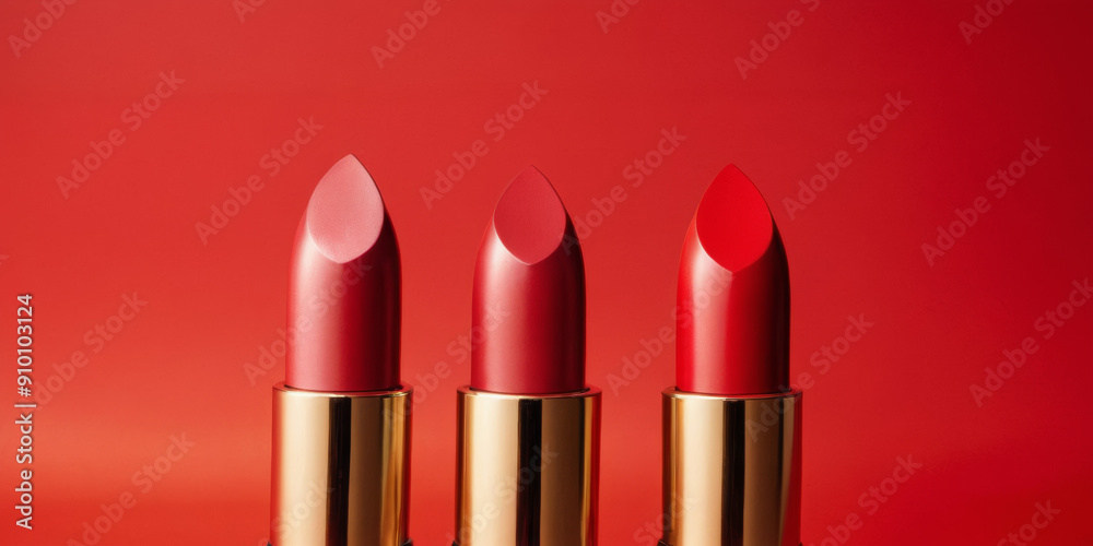 Three Red Lipsticks On A Red Background copy space