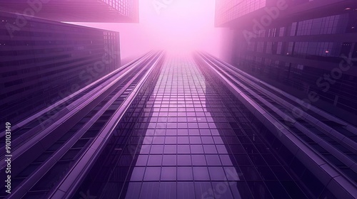 A stunning view of skyscrapers with a unique purple haze  creating a dreamlike atmosphere in an urban landscape.