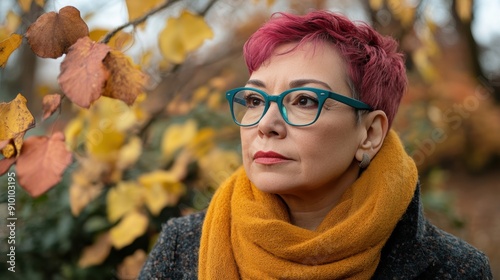 Stylish woman with red hair wearing glasses in autumn scenery