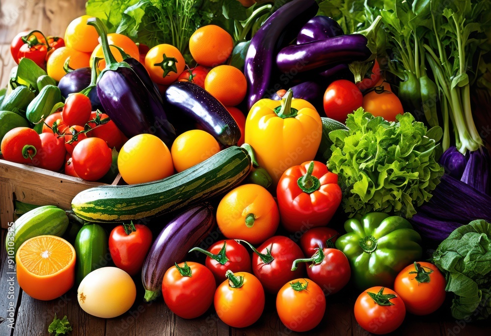 vibrant fresh produce displayed rustic wooden surface featuring colorful fruits vegetables, organic, healthy, market, farm, nature, green, red, yellow, orange vibrant fresh produce displayed rustic wooden surface featuring colorful fruits vegetables, organic, healthy, market, farm, nature, green, red, yellow, orange