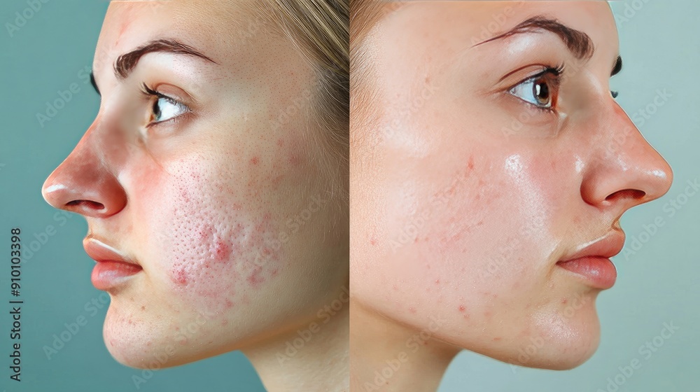 Obraz premium Before and after skincare transformation on a woman's face, showcasing clear skin versus acne. Emphasizes the effectiveness of treatments.