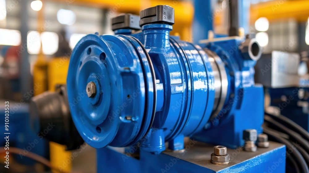 Close-up view of industrial blue pump in machinery workshop Close-up view of industrial blue pump in machinery workshop