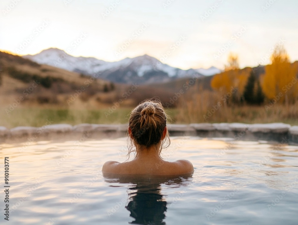 Serene Wellness Retreat: Traveler Immersed in Hot Spring with Snowy Peaks Views, Natural Relaxation Adventure Serene Wellness Retreat: Traveler Immersed in Hot Spring with Snowy Peaks Views, Natural Relaxation Adventure