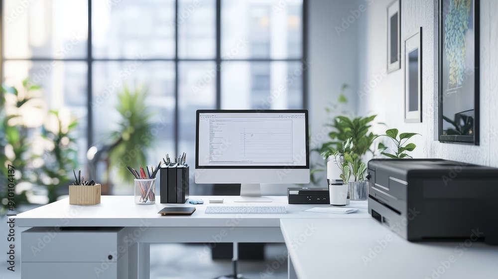 A minimalist office desk with a computer printer and plants symbolizing productivity organization and technology Mickey Foto Poster Wandbilder bei EuroPosters