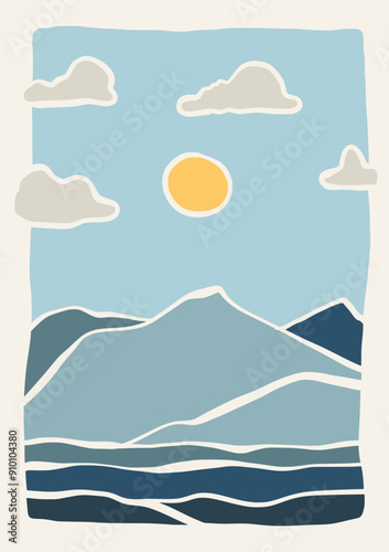 Hand draw sunset on sea lanscape panorama. Organic doodle shapes matisse style, naive art, contemporary backgrounds. beach and mountains vector illustration