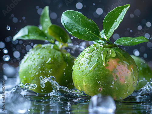 Vibrant FEIJOA splashing with water and ice on elegant black background Fresh picked green feijoa fruits on a light plate photo