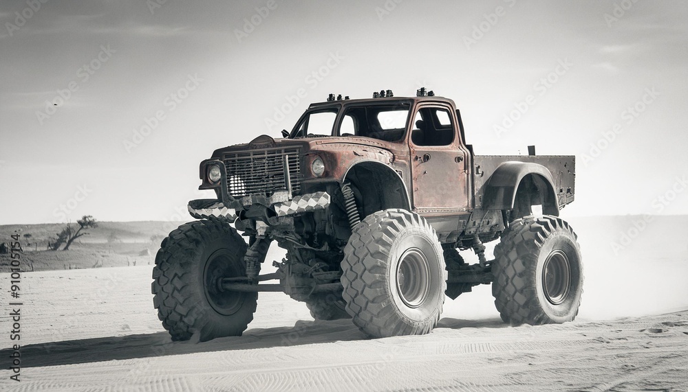 Apocalyptic old rust heavy duty car in desert, monochrome image Apocalyptic old rust heavy duty car in desert, monochrome image