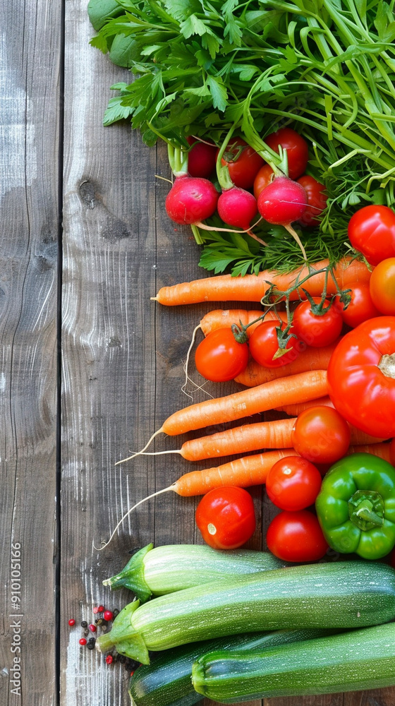 A variety of vegetables on a wooden table A variety of vegetables on a wooden table