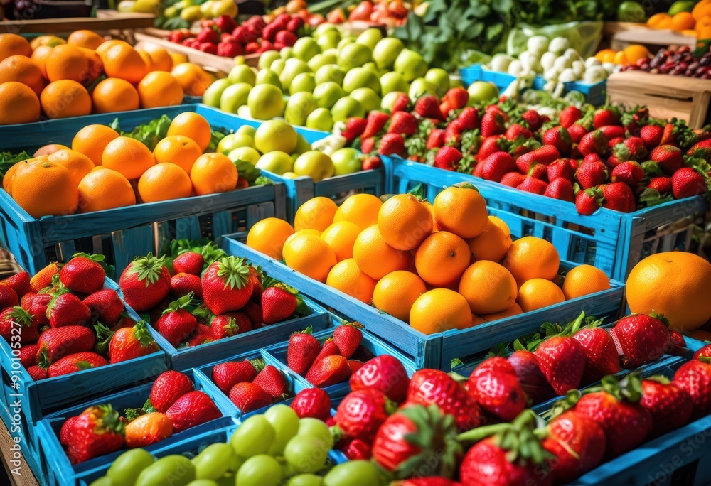 vibrant display fresh produce natural surface featuring colorful fruits vegetables arranged artfully lively market scene, abundance, appealing, aromatic