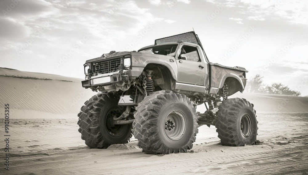Apocalyptic old rust heavy duty car in desert, monochrome image Apocalyptic old rust heavy duty car in desert, monochrome image