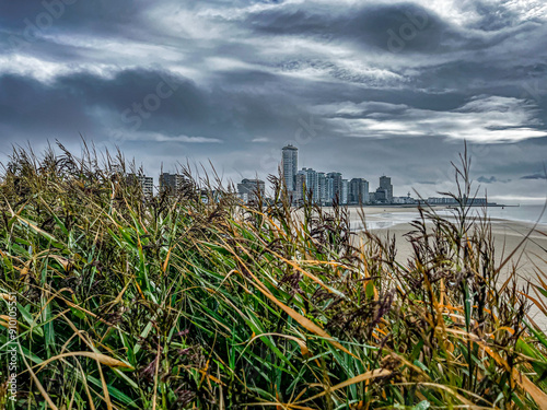 View of the port city of Vlissingen Netherlands Zeeland seen from the beach