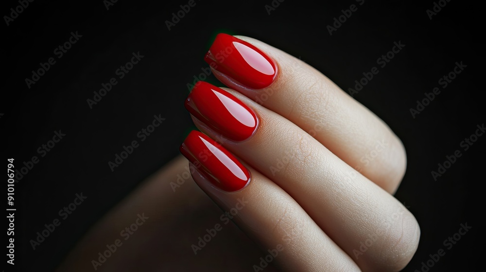 Detailed shot of a hand receiving a red manicure. Nail polish is being meticulously applied against a stark black background. Detailed shot of a hand receiving a red manicure. Nail polish is being meticulously applied against a stark black background.