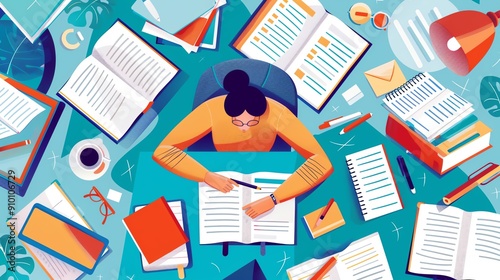 A person sits at a desk surrounded by books, papers, and other work materials, focusing on writing in a notebook.